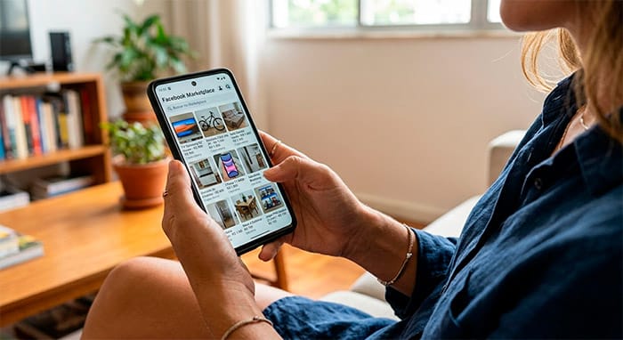 Foto de uma pessoa segurando um celular com a tela do Facebook Marketplace aberta, mostrando diversos anúncios de produtos usados.
