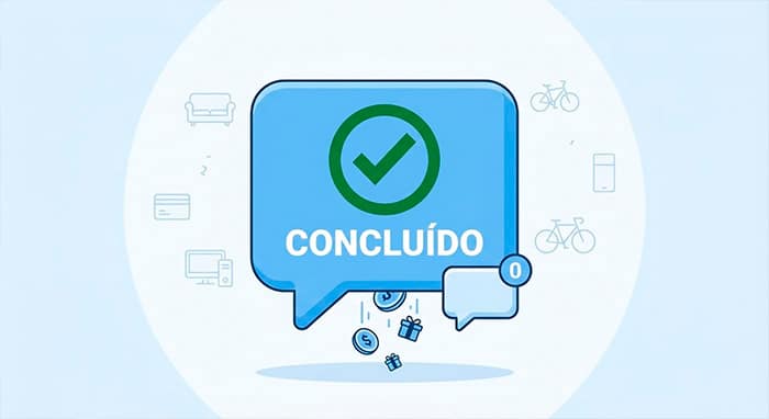 Ilustração de um balão de conversa com um check de "concluído", simbolizando uma venda finalizada com sucesso e sem mensagens pendentes.