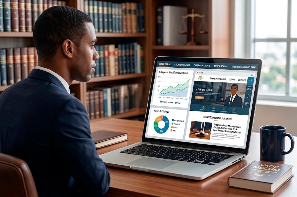 Um advogado profissional em seu escritório, utilizando um notebook de última geração que exibe um painel de métricas de marketing digital e o layout de um site jurídico moderno e responsivo.