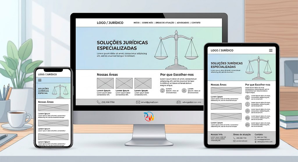 Mockup exibindo um site jurídico em um smartphone, um tablet e um desktop, demonstrando o design responsivo e a facilidade de navegação em múltiplas telas.