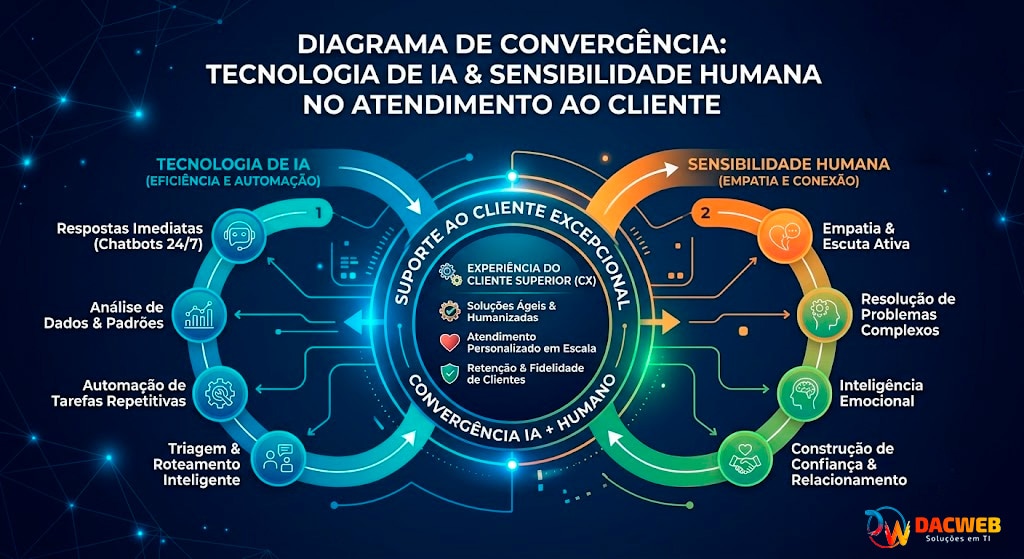 Representação da parceria estratégica da Dacweb auxiliando empresas na implementação de automação de atendimento de alta performance.