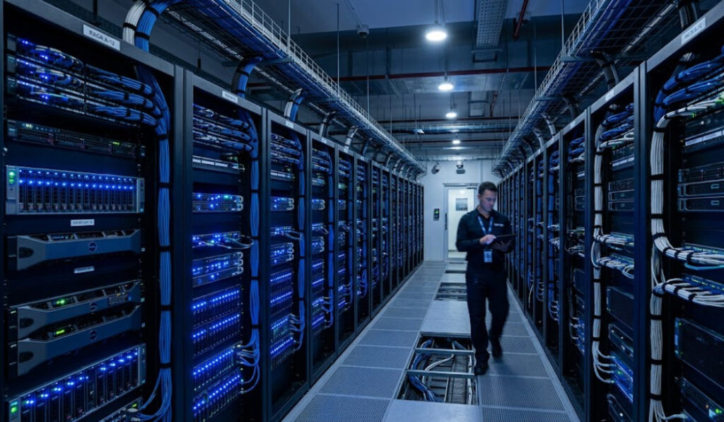  Ilustração realista de um data center moderno com fileiras de servidores iluminados por luzes de LED azuis e cabos de rede organizados, simbolizando uma infraestrutura de alta capacidade e segurança.