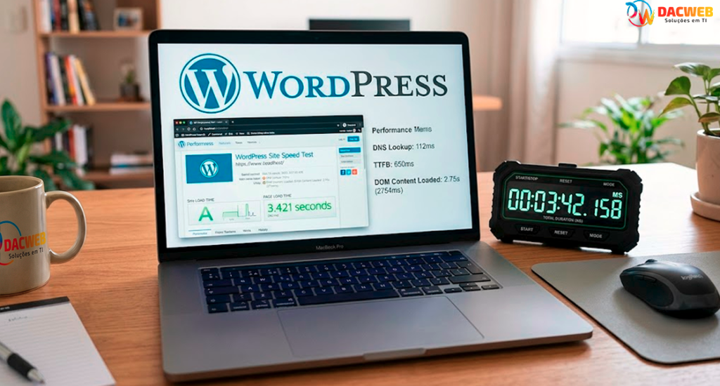 Cronômetro digital rápido ao lado do logotipo do WordPress, destacando a importância da velocidade de carregamento para sites.