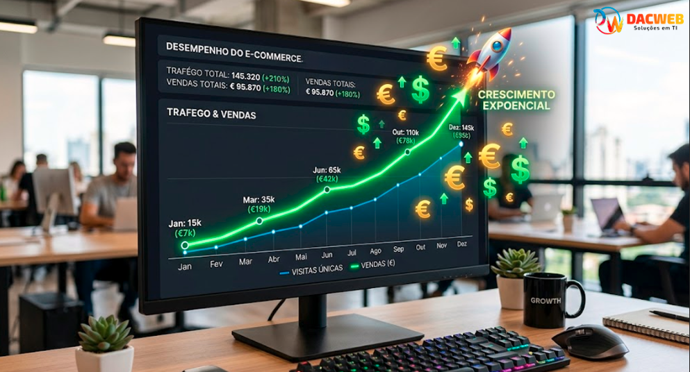 Gráfico ascendente mostrando como a otimização da velocidade de um site melhora o tráfego, o SEO e aumenta as taxas de conversão
