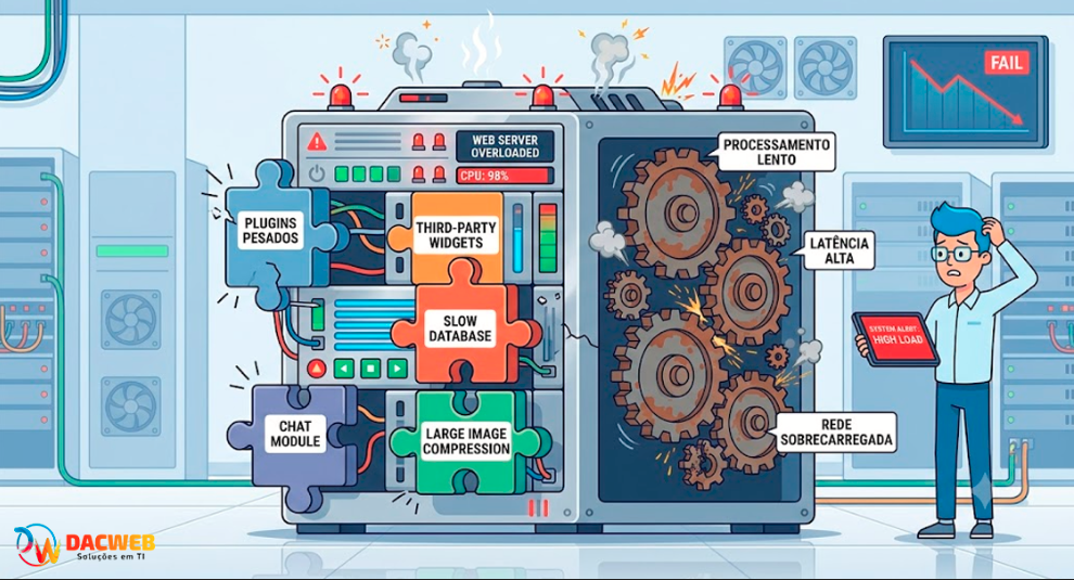 Ilustração de um servidor sobrecarregado pelo excesso de plugins, temas pesados e imagens não otimizadas no WordPress.