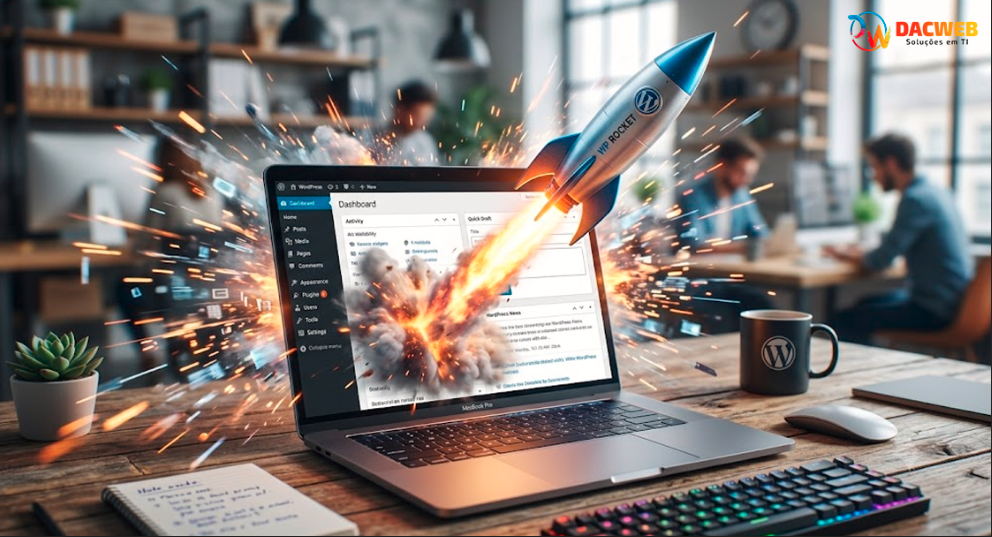 Foguete decolando de um laptop, simbolizando a velocidade máxima, alta performance e excelentes resultados alcançados após a otimização de um site WordPress.