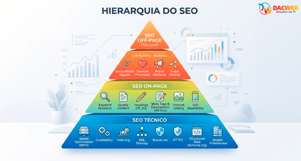 Diagrama em formato de pirâmide ilustrando a hierarquia do SEO, com o SEO Técnico formando a base sólida na parte inferior, sustentando o SEO On-page no meio e o SEO Off-page no topo.