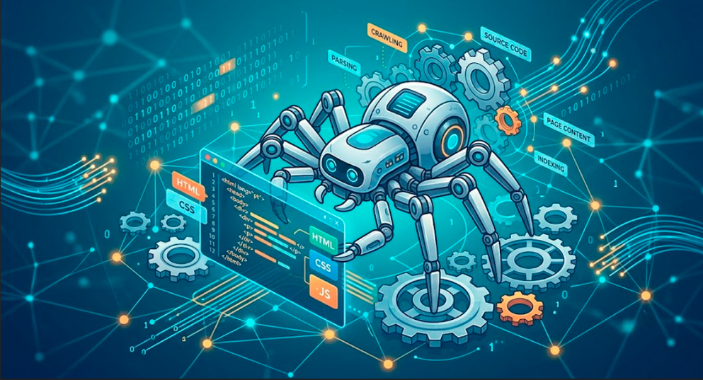 Ilustração de um robô de busca digital (spider) analisando o código-fonte de uma página da web, cercado por engrenagens e nós de rede, representando o processo de rastreamento (crawling).