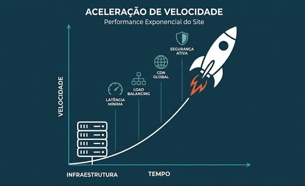 Gráfico mostrando um foguete decolando de um servidor em direção ao espaço, representando a aceleração exponencial da velocidade do site devido a uma infraestrutura robusta e otimizada.