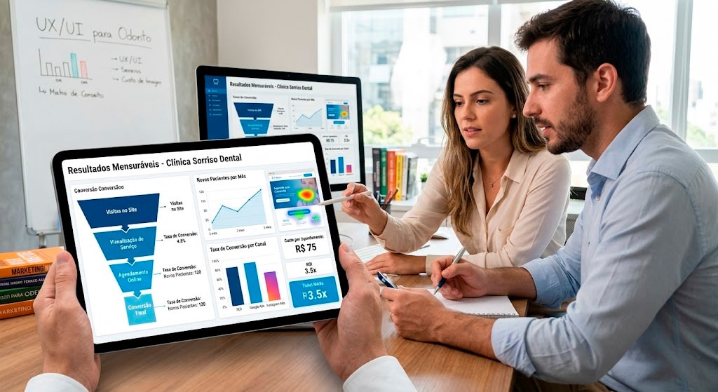 Profissionais de marketing e web design analisando o desempenho de um site odontológico através de gráficos em um tablet, ilustrando o foco em conversão e resultados mensuráveis.