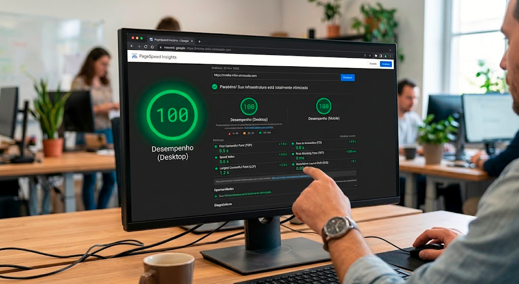 Tela de um monitor de computador exibindo um painel de controle de métricas do Google PageSpeed Insights, mostrando notas de aprovação verde com o número 100, ilustrando o resultado final de uma infraestrutura otimizada.