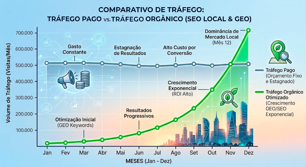Gráfico de linhas comparativo exibindo a estagnação do tráfego pago (linha plana e dependente de orçamento) em contraste com a curva de crescimento exponencial do tráfego orgânico otimizado para SEO Local e GEO ao longo de 12 meses.