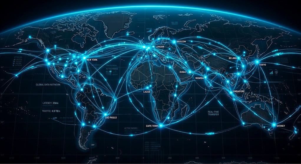 Mapa-múndi digital em tons escuros com linhas de conexão brilhantes ligando vários pontos (nós) ao redor do globo, representando a transferência rápida de dados em uma rede global e o conceito de baixa latência.