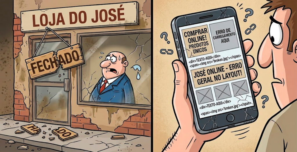 martphone exibindo um site com erro de carregamento ao lado de uma loja física abandonada, simbolizando a perda de vendas por falta de profissionalismo digital