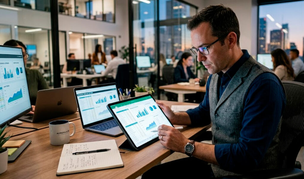 Contador analisando painel de dados em tablet, representando o uso de tecnologia e inovação no escritório contábil.