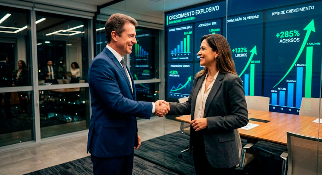 Aperto de mãos celebrando o sucesso e o aumento de vendas após o investimento em um site profissional e estratégico.