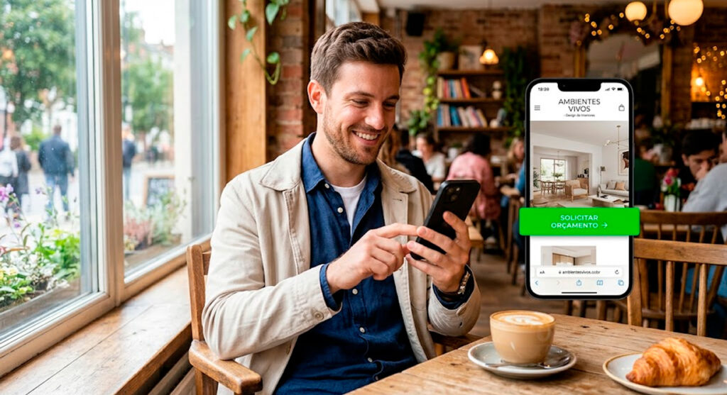 Cliente sorridente e altamente satisfeito navegando em um site profissional de carregamento rápido no celular, prestes a realizar um contato comercial valioso.